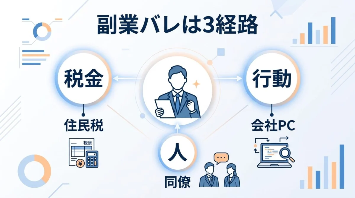 副業が会社にバレる3経路の図解